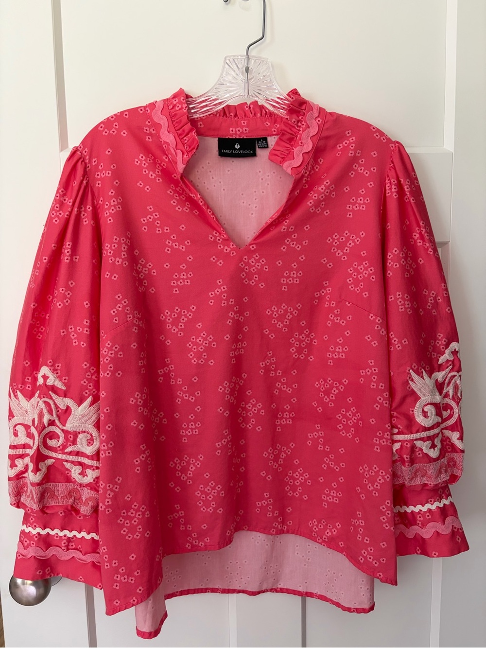 Emily Lovelock Pink Embroidered Blouse Women's L Cotton Tencel Boho Floral Heart